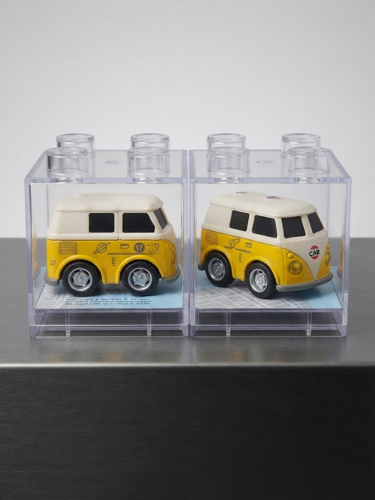 Miniatura Kombi Clássica Retrô Amarela Bicolor com Cúpula Display Empilhável Estilo Bloco (Pull Back)