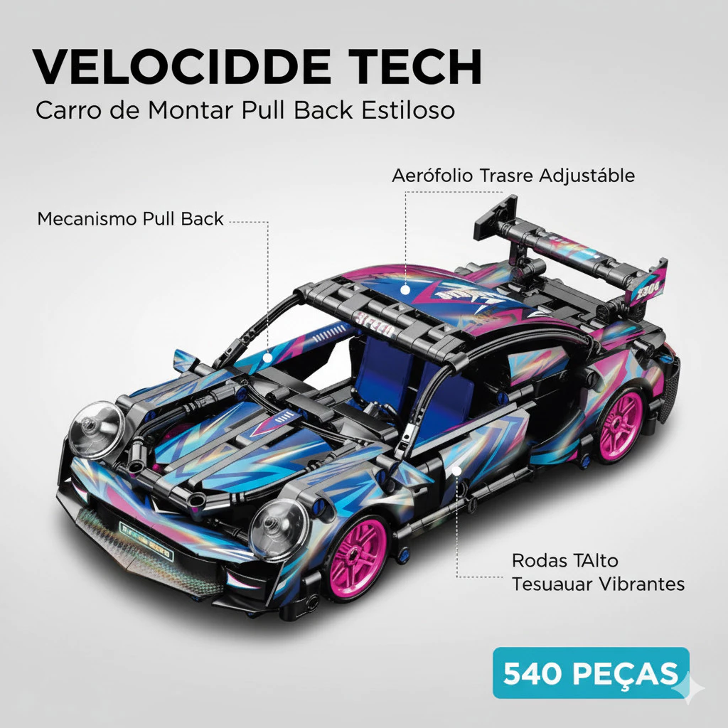 Supercarro de Corrida Velocidade Tech Azul 540 Peças – Bloco de Montar 2 em 1 Pull Back