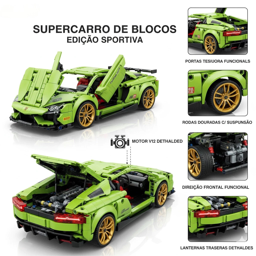 Supercarro de Corrida Esportivo Verde – Bloco de Montar 2 em 1 Pull Back