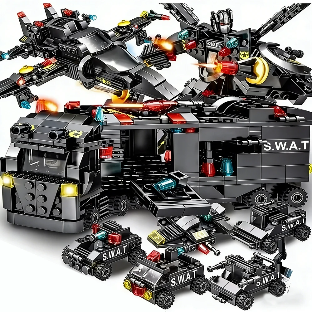 Blocos de Montar Conjunto SWAT 8 em 1 Policial 585pcs com Caminhão e Helicóptero